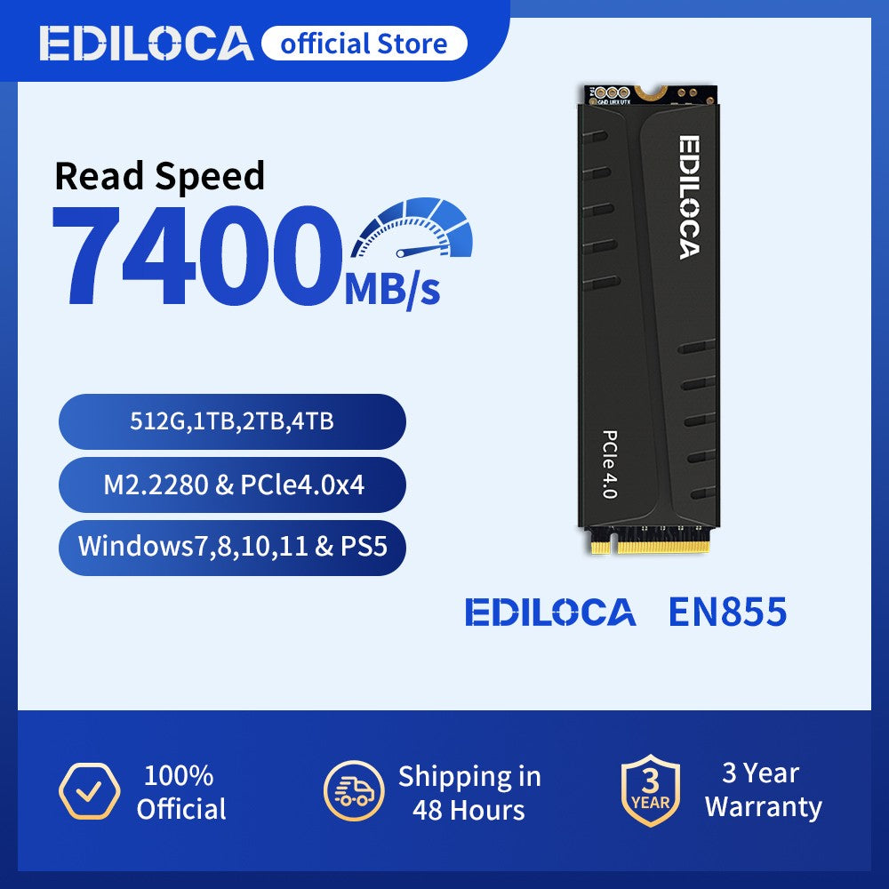 SSD Ediloca EN855 com dissipador de calor 7400MB/s PCIe Gen4.0 NVMe M.2 SSD de jogos Interno para PS5 e PC