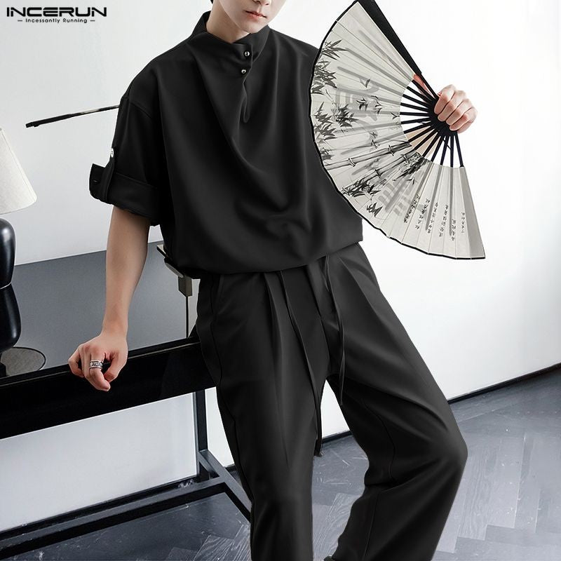INCERUN Men Sets Solid Color Pleated Shirt & Pants Two Pieces Sets Loose Streetwear 2025 Fashion Men's Casual Suits S-5XL