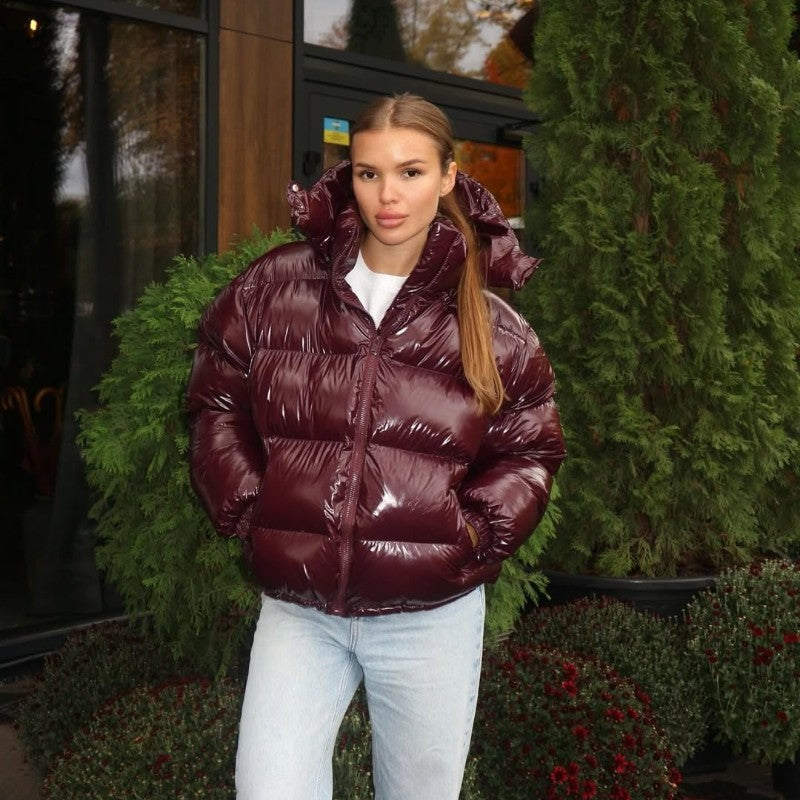 Fashion Glossy Padded Jacket Women's Solid Turtleneck Long Sleeve Warm Down Coat 2025 Autumn Winter New Lady Casual Outerwear