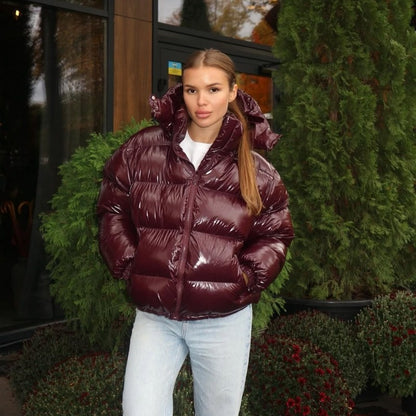 Fashion Glossy Padded Jacket Women's Solid Turtleneck Long Sleeve Warm Down Coat 2025 Autumn Winter New Lady Casual Outerwear