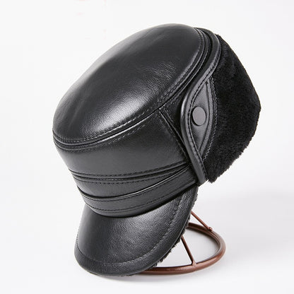 Men's Genuine Leather Duckbill Hat Winter Thickened Warm Outdoor Earflap Cotton Cap Elderly Real Leather Hat Cowhide Warm