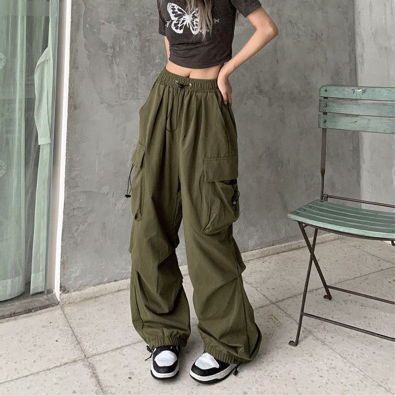 Casual Joggers Cargo Pants Women Solid Low Waist Pants Drawstring Wide Leg Baggy Trousers Y2k Streetwear Oversize Sweatpants