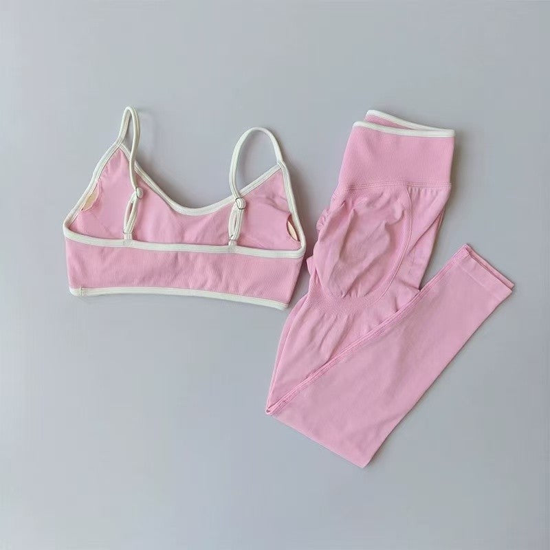 Women's Fitness Suit, Strappy Contrast Color Patchwork Sports Shockproof Slimming Quick-Dry Nude Feel Pants, Yoga Wear