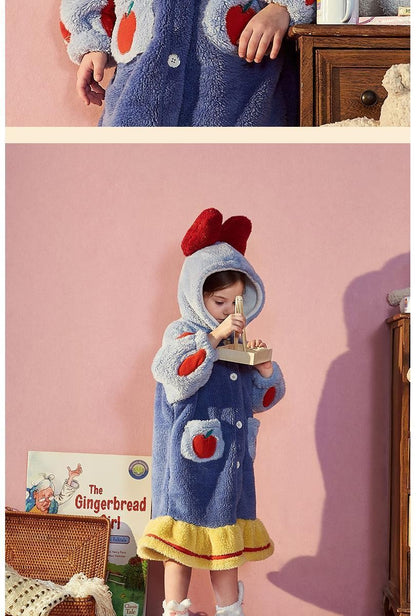 Disney Snow White Kids Hooded Robe Winter Princess Child Thick Keep Warm Long Nightgown Front Button Coral Fleece Soft Bathrobe