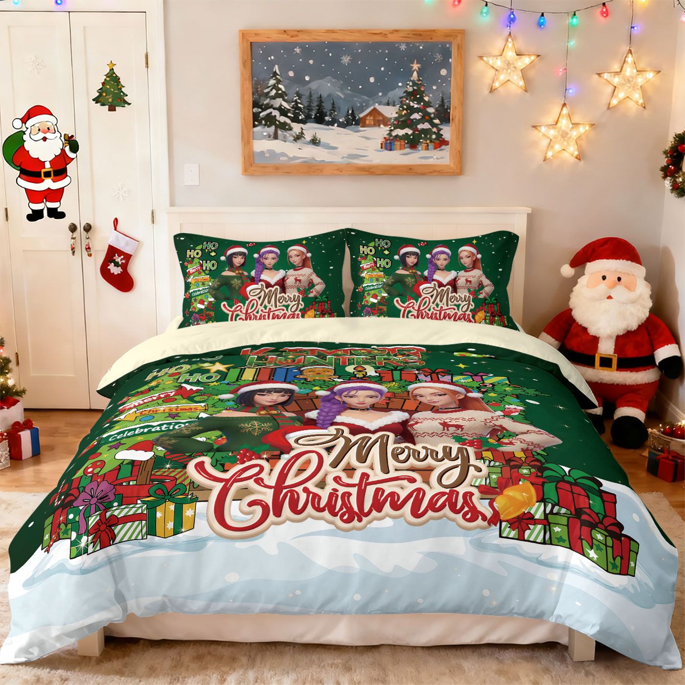 3pcs Christmas K-Pop Demon Hunters print coreless duvet cover set multi size bedroom bedding holiday decoration machine washed