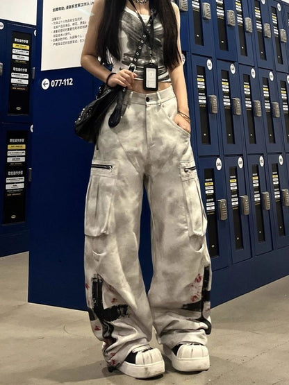 American Street Gothic Graffiti Print Pocket Jeans Women Retro Distressed Loose Fashion Street Casual High Waist Wide Leg Jeans