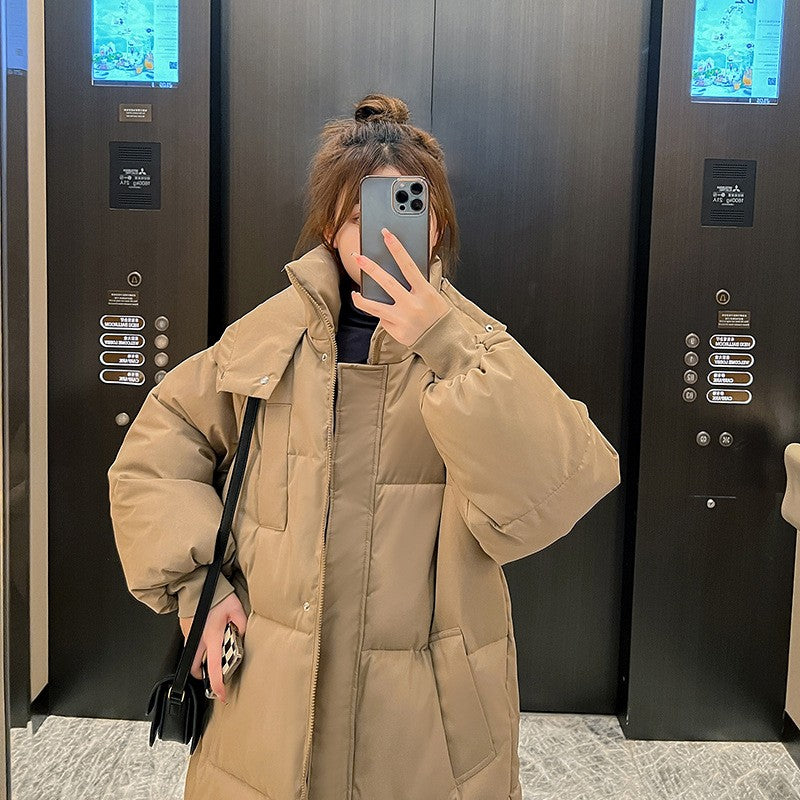 Long Thickened Down Cotton Bread Style Coat Women's Winter 2025 Outerwear Korean Loose Long Knee Length Solid Hooded Jacket
