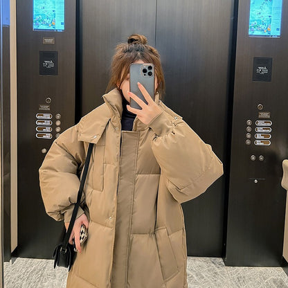 Long Thickened Down Cotton Bread Style Coat Women's Winter 2025 Outerwear Korean Loose Long Knee Length Solid Hooded Jacket