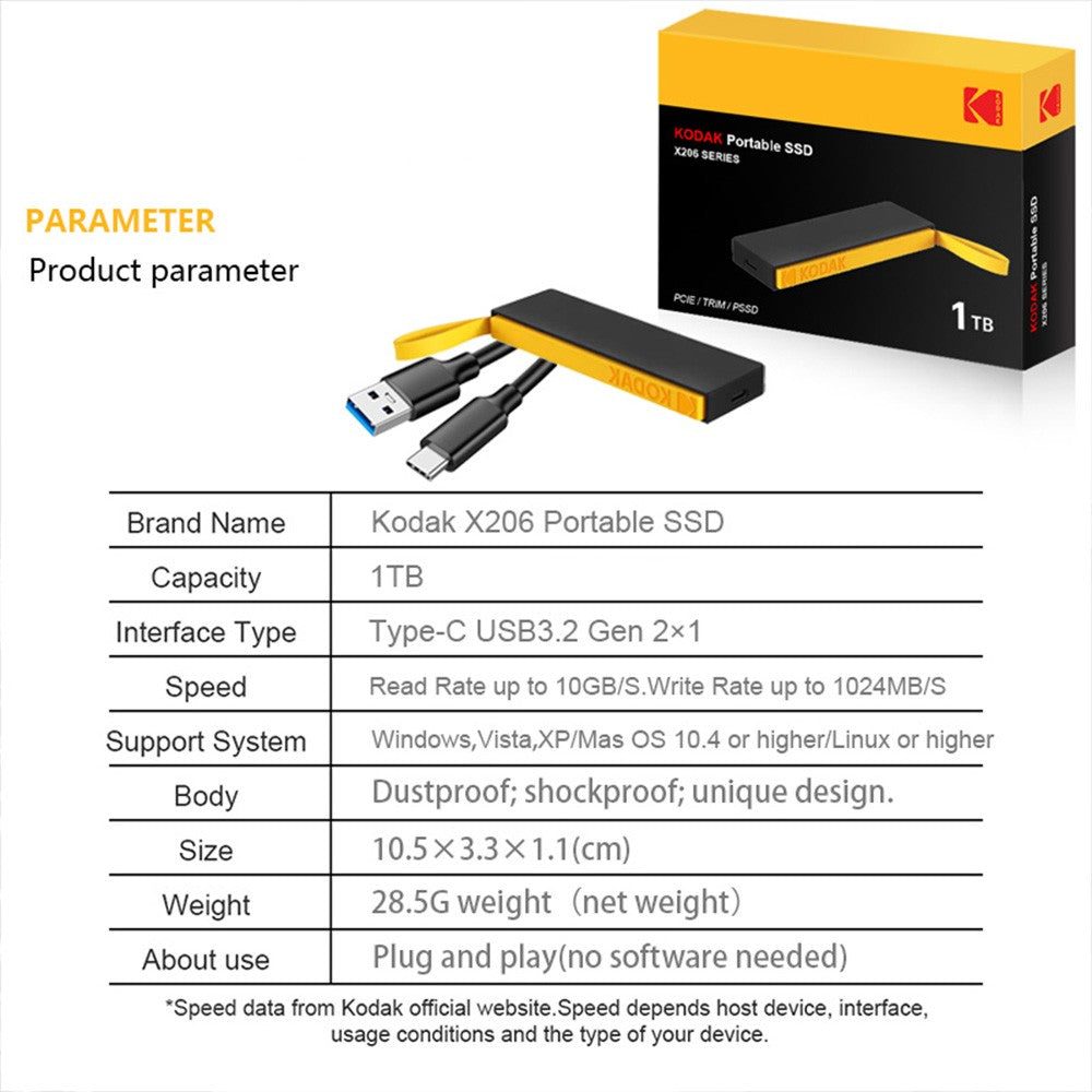 Kodak Type-C external interface SSD 1000MB/S hard drive 1TB USB3.2 Mini portable SSD 1TB laptop smartphone PS4 PC MAC TV