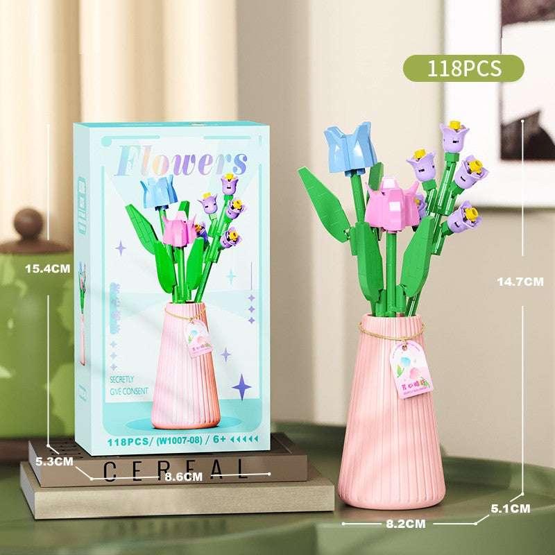 Flower Bouquet Building Blocks with Vase DIY Rose Sunflower Mini Bricks for Kids Birthday Party Favors Girls Gift Desktop Decor