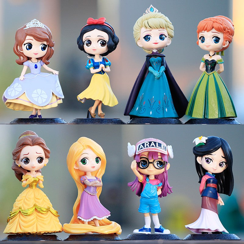 14-16cm Princesa Q Posket Branca de Neve Sereia Cinderela Bela Mulan Jasmine Sininho Aurora PVC Boneco de Ação Brinquedo Presentes para Crianças