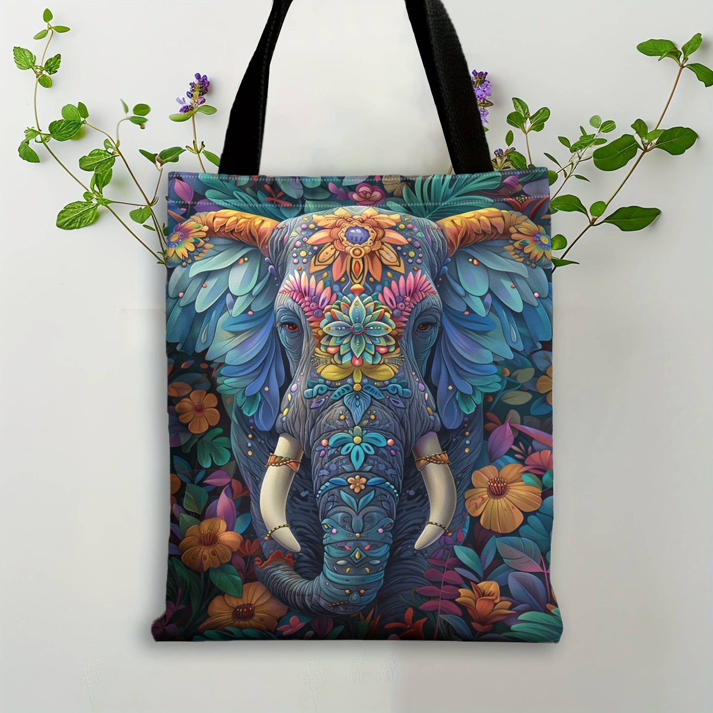 Fashion Elements 1pc Flowers with Elephant Pattern Tote Bag, Perfect for Shopping Bag Animal Pattern Print Bag Storage Tote Bag