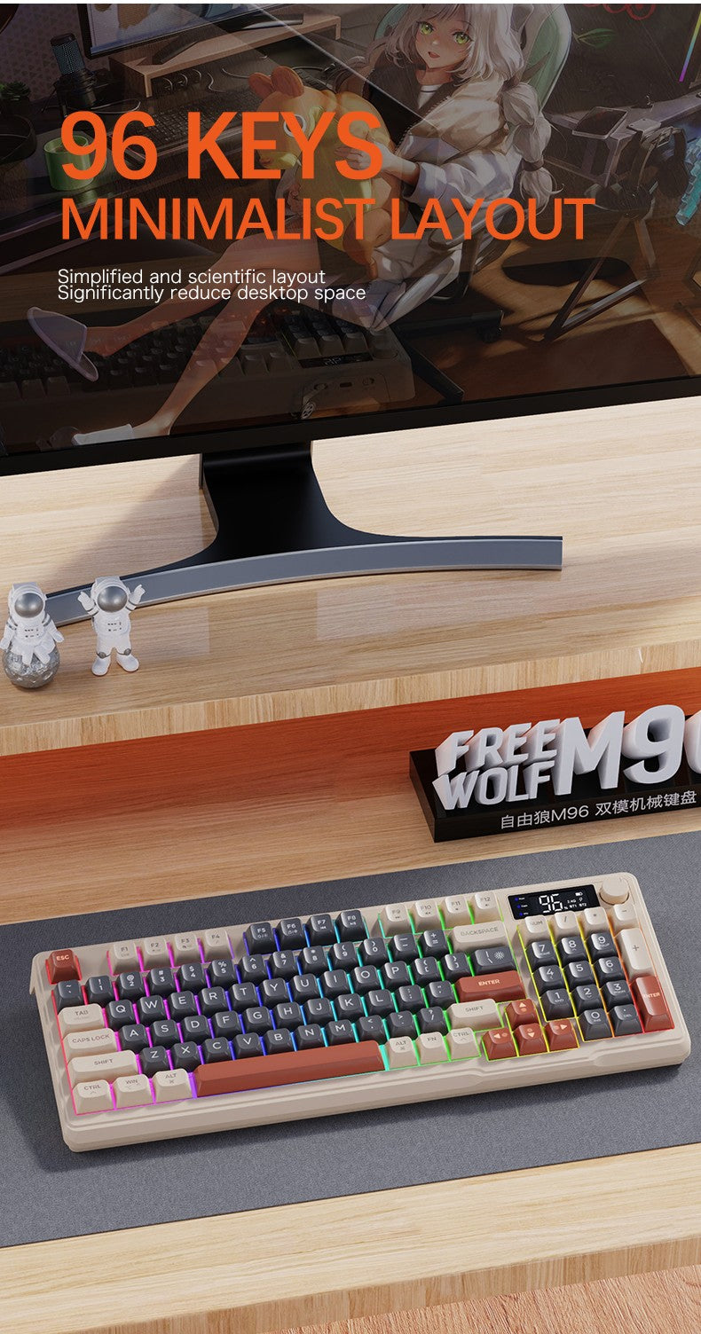 Teclado Sem Fio FreeWolf M96 com Tela, Teclado Gamer Bluetooth Conexão Dual-Mode, Conexão Multi-Dispositivos, Ergonômico