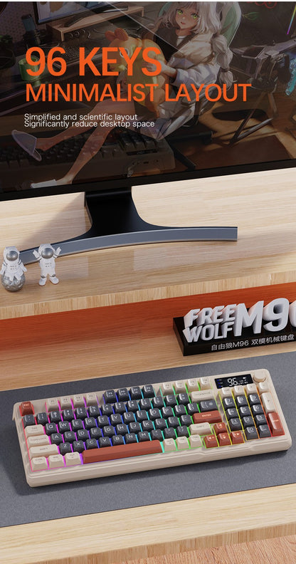 Teclado Sem Fio FreeWolf M96 com Tela, Teclado Gamer Bluetooth Conexão Dual-Mode, Conexão Multi-Dispositivos, Ergonômico
