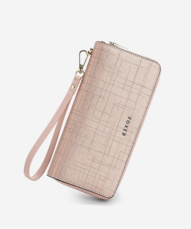 FOXER Split Leather Lady's Wallet Bifold Long Clutch Bag with Wristlet Fashion Card Holder Coin Purse Cellphone Money Bag