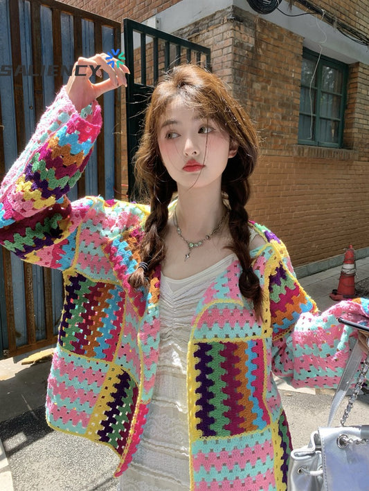 SALIENCY Colorful Crochet Knit Hollow Cardigan Sweater Jacket Women Spring Top Loose Short Knitwear