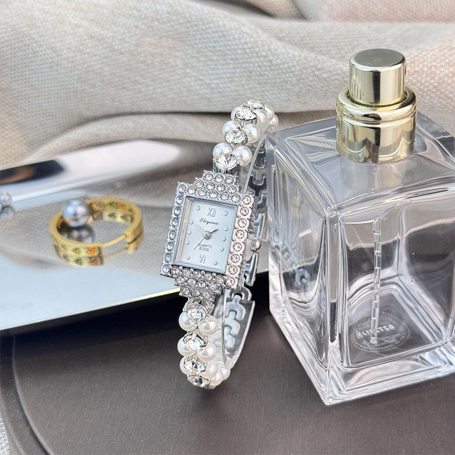 French Romantic Double-Row Exquisite Small Pearl Bracelet Watch Square Diamond-Encrusted Light Luxury Ladies Quartz Watch