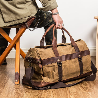 WaterProof Waxed Canvas Leather Men Travel Bag Hand Luggage Bag Carry On Large tote Vintage Men Duffle Weekend Bag big Overnight