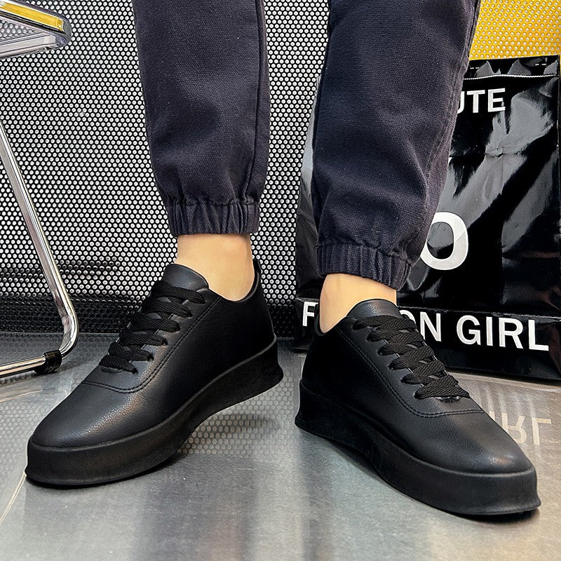 Fashion Thick Sole Black White Soft Men Leather Shoes Platform Men Casual Board Shoes Walking Sport Shoes Lightweight Work Shoes