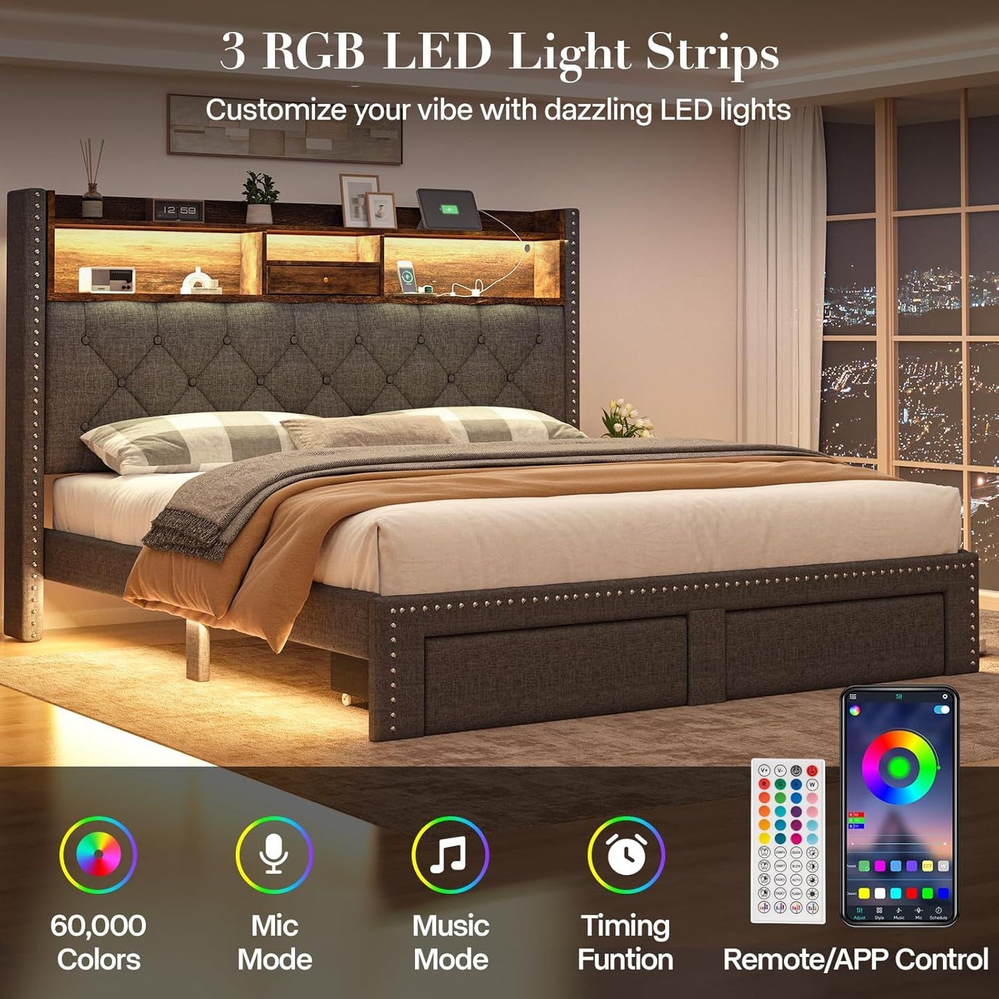 Linen Full Size Bed Frame with 2-Tier Storage Headboard and Charging Station, Upholstered Platform Bed Frames with 2 Sto