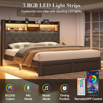 Linen Full Size Bed Frame with 2-Tier Storage Headboard and Charging Station, Upholstered Platform Bed Frames with 2 Sto
