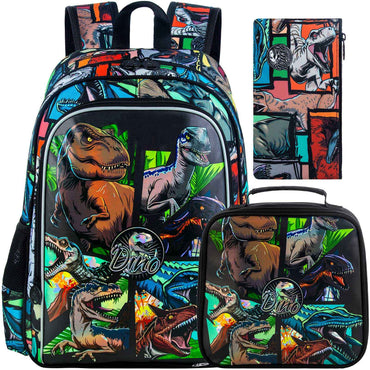 3PCS Backpack for Boys, 16 Inch Dinosaur Preschool Bookbags, Cool Elementary Kindergarten School Backpacks