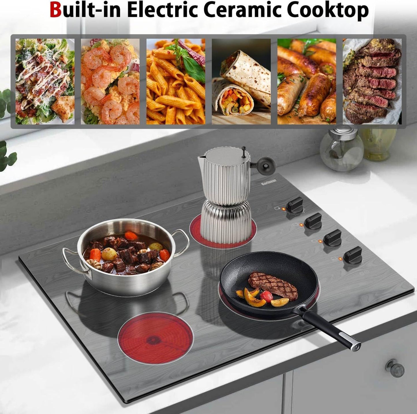 Karinear 4 Burners Ceramic Electric Cooktop, Knob Control, Beautiful Wooden Pannel, 30" Built-in,6700W, 220-240v Hard Wired