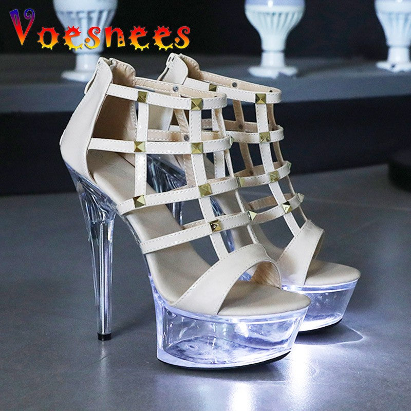 Light Up Glowing Sandals Women Transparent Platform Luminous Wedding High Heels Fashion Rivet Summer Nightclub Stripper Shoes