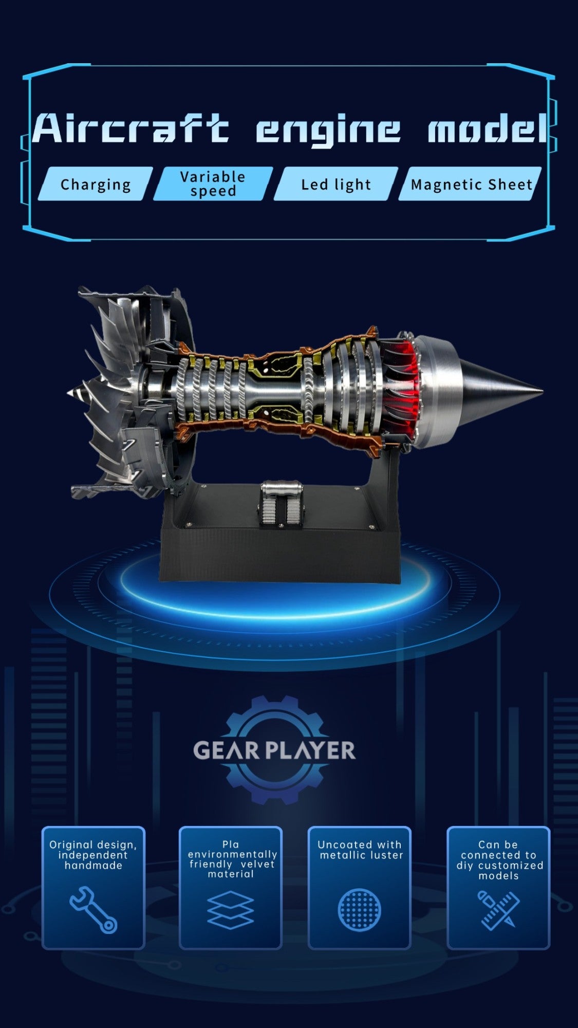 Kit de Modelo de Motor Turbojato com Velocidade Ajustável e Simulação de Chama Traseira para Montagem DIY e Projetos de Ciência