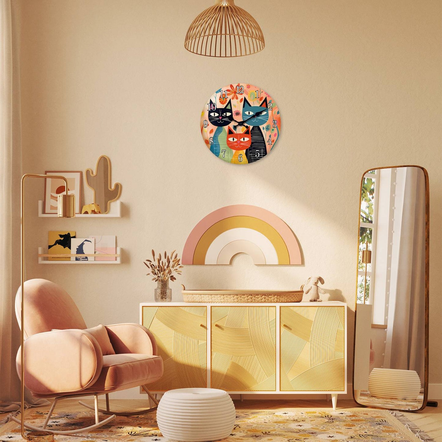 Retro Art Cute Cat Family Wooden Wall Clock Living Room Bedroom Kitchen Home Decoration Wall Clock Silent Quartz Clock Holiday Gift 10 Inch 12 Inch 14 Inch 16inch (No Battery)