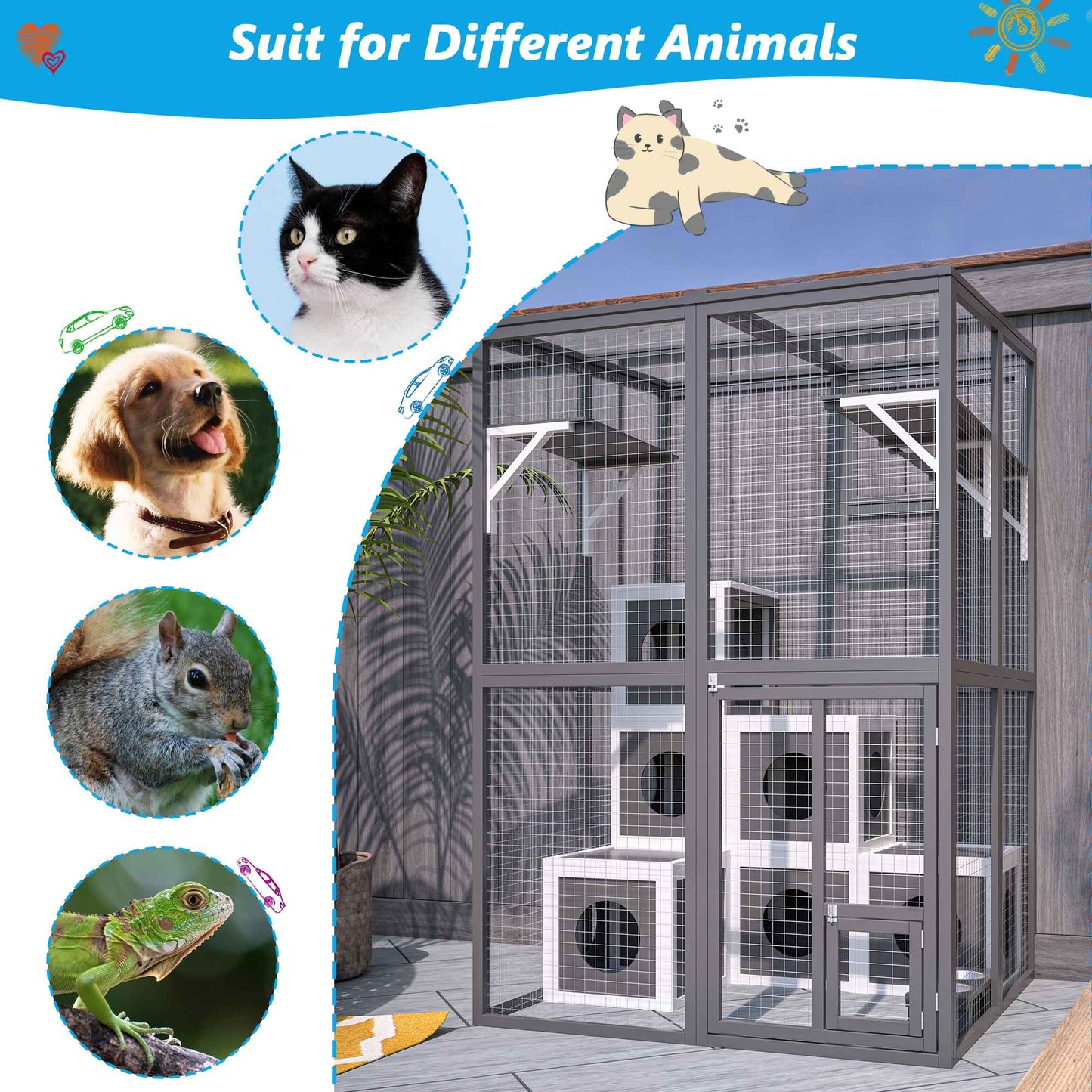 Cercadinho Gatos ao Ar Livre Deluxe - Catio de Madeira Maciça com 2 Plataformas de Salto, 7 Casas Aconchegantes e Acesso Caminhável