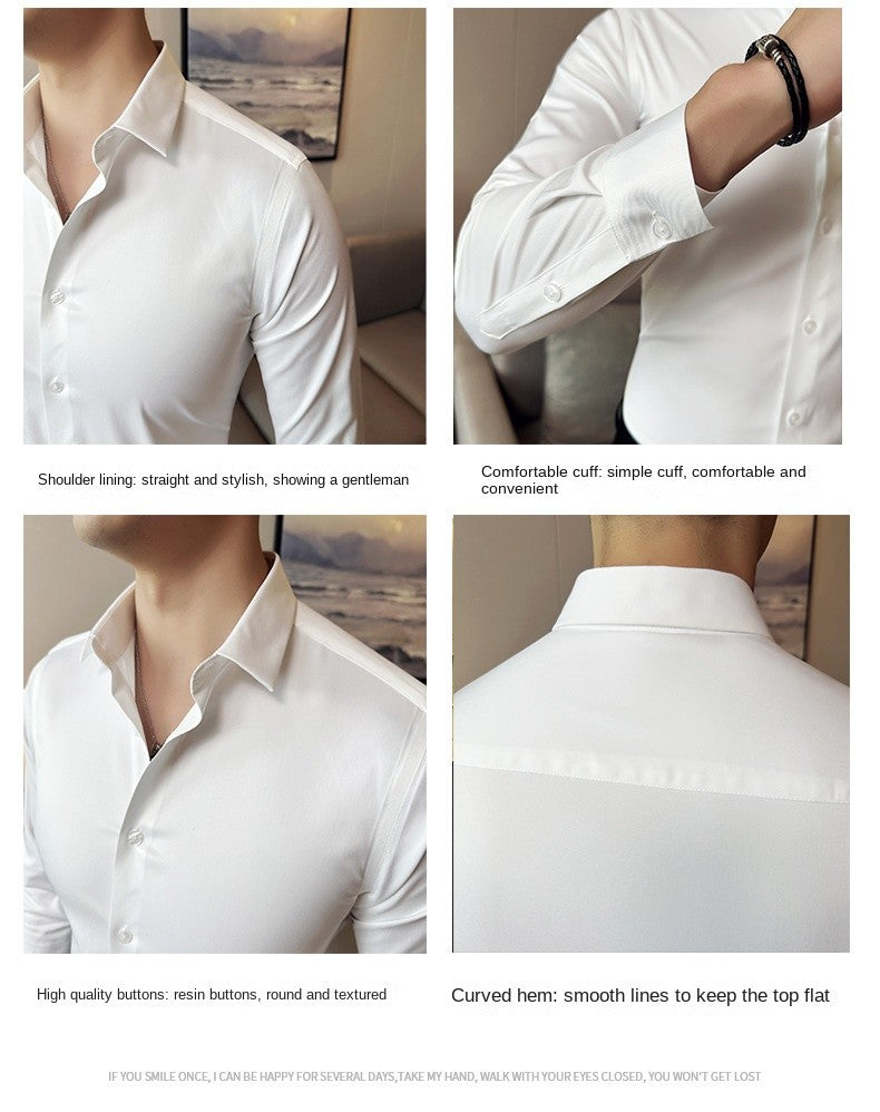 Seamless silk business casual shirt, long sleeved white non ironing elastic silk sliding cross shirt, men's formal wear