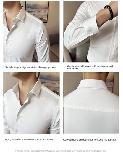 Seamless silk business casual shirt, long sleeved white non ironing elastic silk sliding cross shirt, men's formal wear