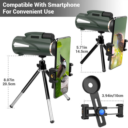 Telescópio monocular 10X, emparelhado com tripé e suporte para telefone, usado para observação de pássaros ao ar livre, caminhadas, acampamentos, viagens, lea