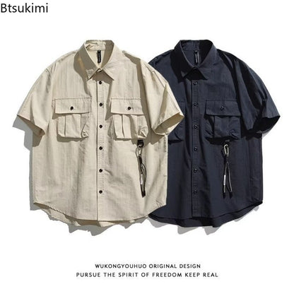 Men's Japanese Style Cargo Shirts Vintage Laple Short Sleeve Shirts 2025 Spring Summer Loose Casual Shirt Jacket Male Streetwear
