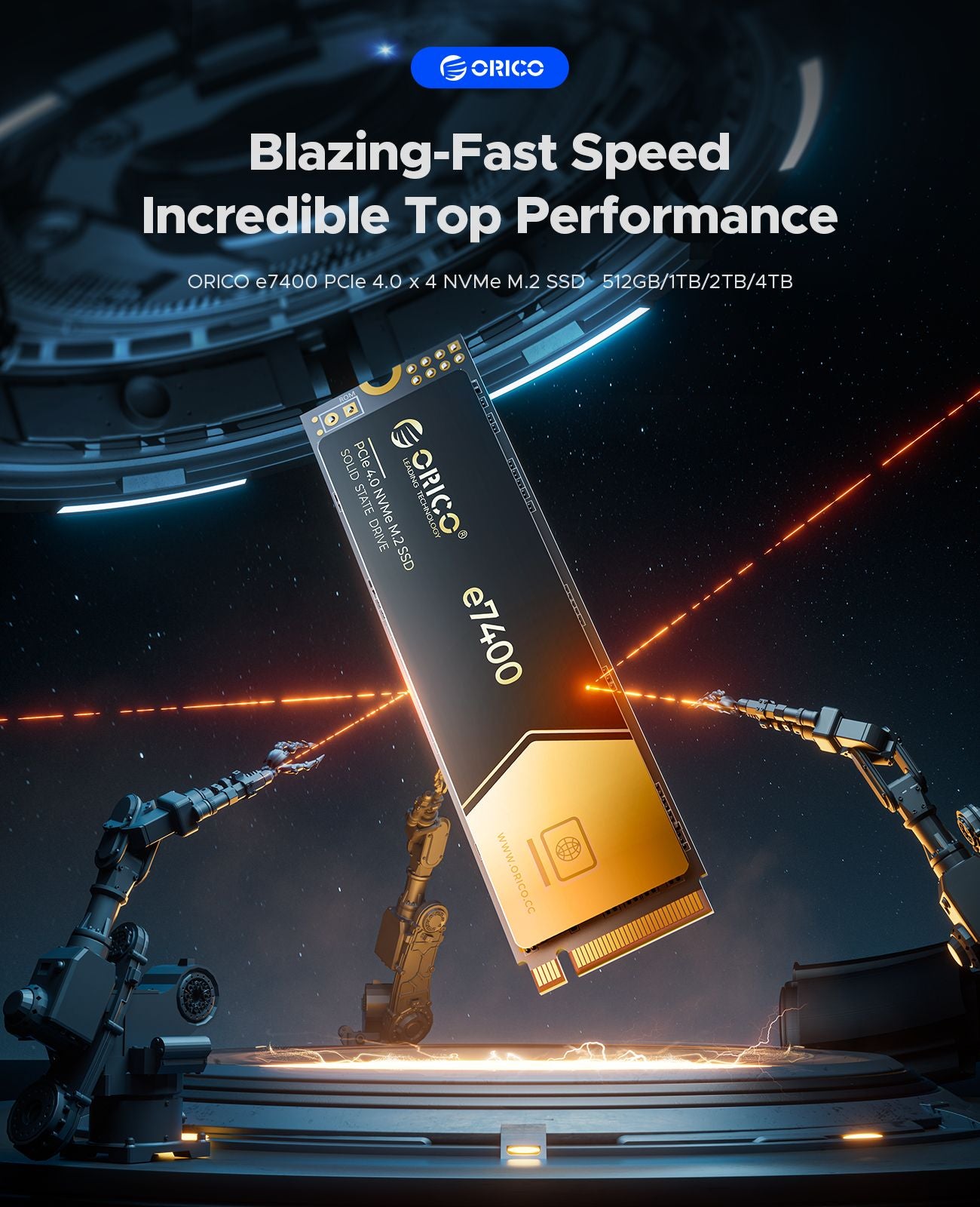 ORICO e7400 PCIe4.0 M.2 NVMe SSD PS5 7400MB/S Unidade de estado sólido interna Gen4 para computação de alto desempenho e gamers com uso intenso