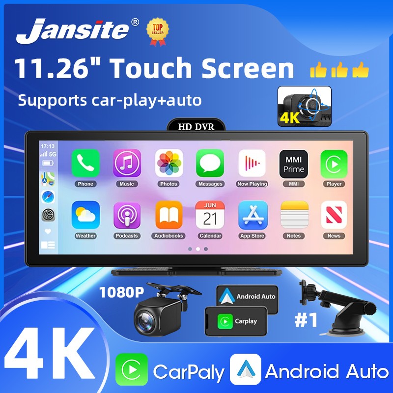 Gravador de Vídeo DVR 4K de 10/11,26 Polegadas com CarPlay e Android Auto Sem Fio, Câmera Veicular, Áudio Bluetooth, Navegação GPS e Duas Lentes para Painel