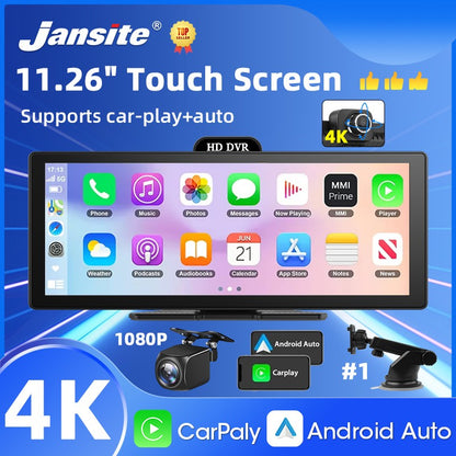 Gravador de Vídeo DVR 4K de 10/11,26 Polegadas com CarPlay e Android Auto Sem Fio, Câmera Veicular, Áudio Bluetooth, Navegação GPS e Duas Lentes para Painel