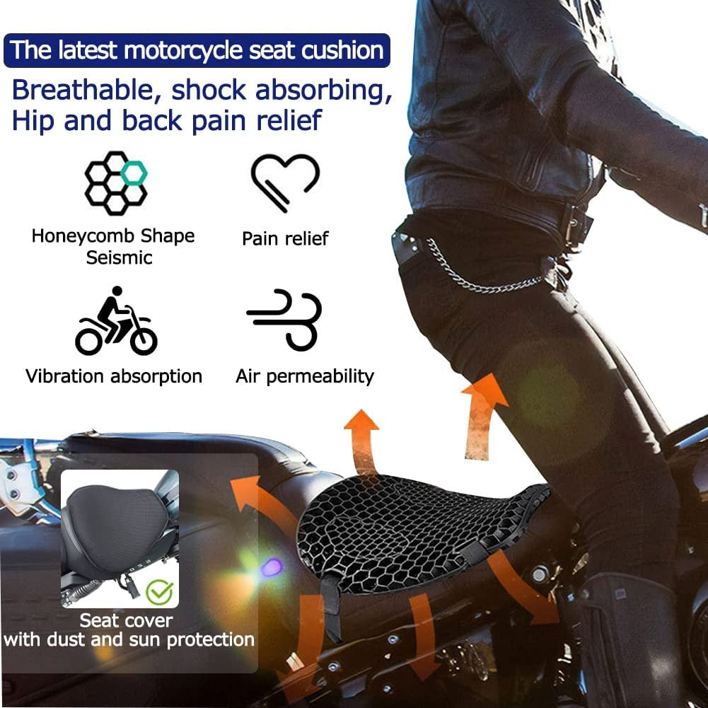 Almofada de assento de motocicleta com absorção de choque, descompressão em gel colmeia 3D, almofada de assento de motocicleta universal confortável