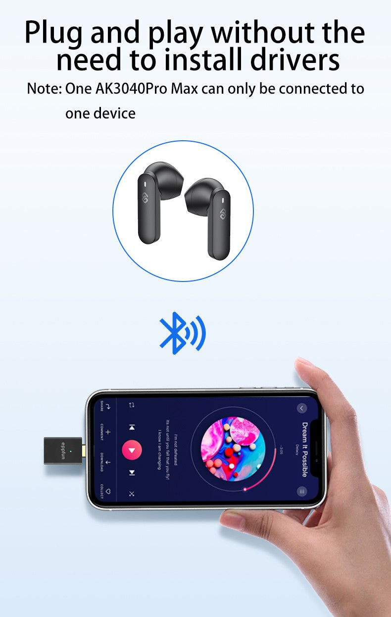 eppfun LE Audio LC3 Bluetooth5.4 Audio Transmitter aptX-LL/HD Type-c Wireless Stereo Music Adapter with Auracast for PC TV PS4/5