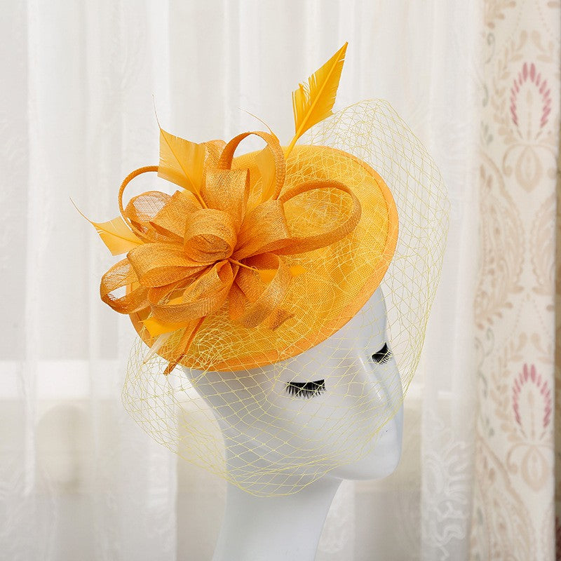 Chapéu de sol de aba grande com design de padrão de fio de cânhamo duplo, acessórios de pena, elegante chapéu de banquete, chapéu de praia para casamento ou férias, chapéu equestre