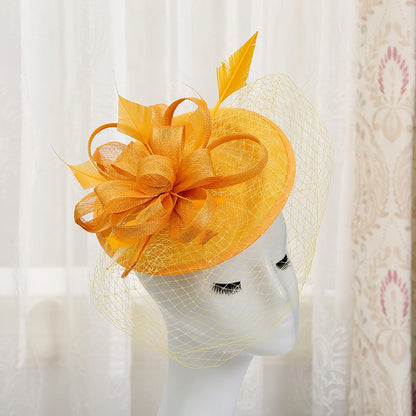 Chapéu de sol de aba grande com design de padrão de fio de cânhamo duplo, acessórios de pena, elegante chapéu de banquete, chapéu de praia para casamento ou férias, chapéu equestre