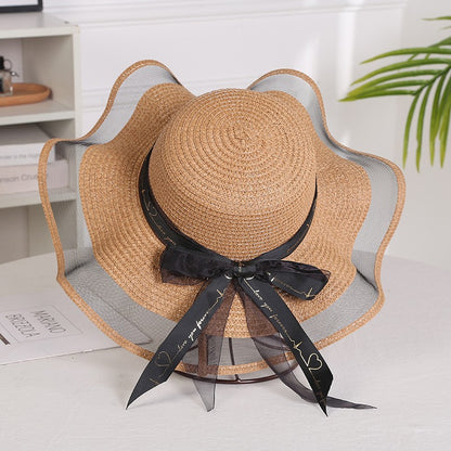 Chapéu de sol feminino dobrável de aba larga com laço, chapéu de palha elegante para proteção solar, moda praia 2021 gorras