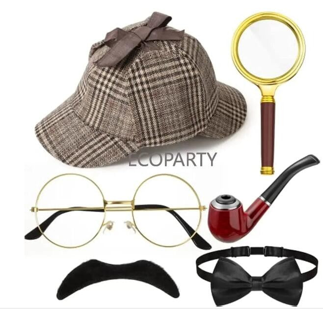 Retro Detective Costume Accessories Set Detective Hat Glass Role Play Dress Up Costume Detective Cosplay Props for Men Ecoparty