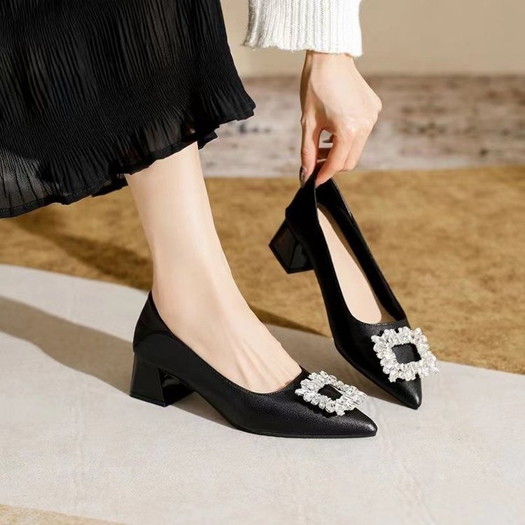 Women's Elegant Black Mid Block Heels Pumps with Crystal Rhinestone Pointed Toe Dress Shoes