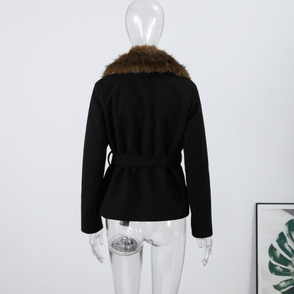 Elegant Fur Collar Woolen Coat Women Contrast Full Sleeve Turn-down Collar Loose Lace Up Coats Female 2025 Autumn Lady Outwears