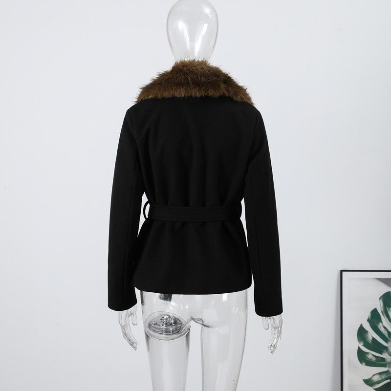 Elegant Fur Collar Woolen Coat Women Contrast Full Sleeve Turn-down Collar Loose Lace Up Coats Female 2025 Autumn Lady Outwears