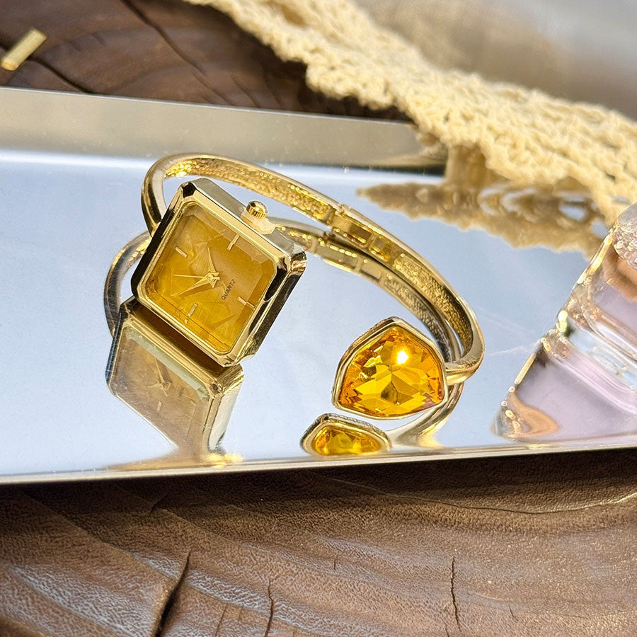 New Ladies Open Bracelet Watch Assorted Shaped Diamond Color Gemstone High-End Quartz Wristwatch Lazy Person's Stylish Timepiece