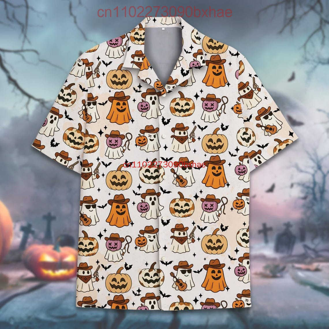 Cute Cowboy Ghost Hawaiian Shirt for Men Women Youth Funny Pumpkin Halloween Shirt Kawaii Spooky Spirit Button Down Party Shirt