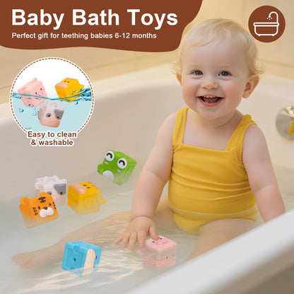 Brinquedos de blocos de montar de silicone macio para bebês Cubo 3D de animais brinquedos de empilhar Brinquedos sensoriais educativos Montessori para bebês Brinquedos de banho